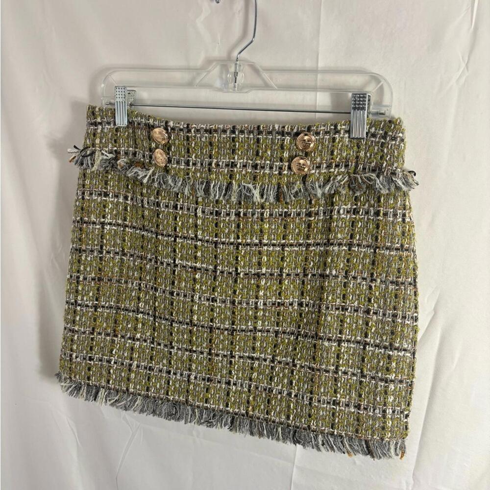 NWT Walter Baker Chartreuse Green Preppy‎ Tweed Fringe Mini Skirt Women’s Size 6